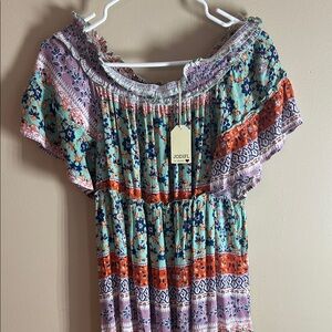 JODIFL Boho Multicolor Floral Off Shoulder Flutter Sleeve Tiered Maxi Dress NWT